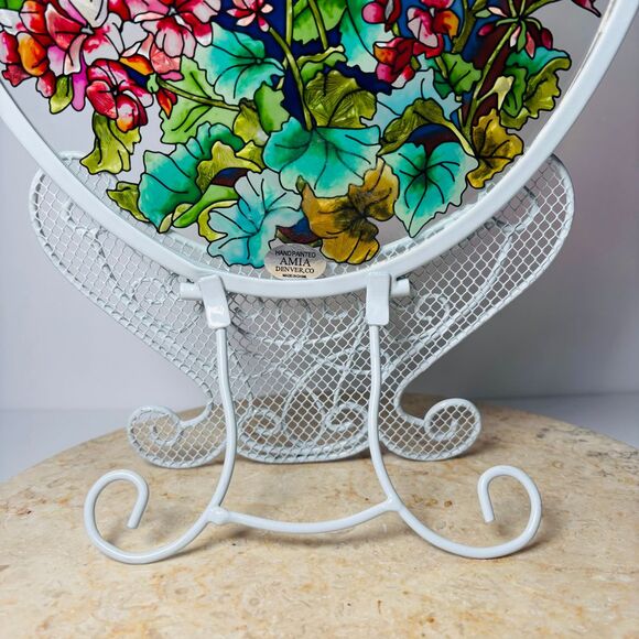 Maia Stained Glass Floral Suncatcher Hanging‎ Ornate Stand Hand Painted Oval - Picture 10 of 12
